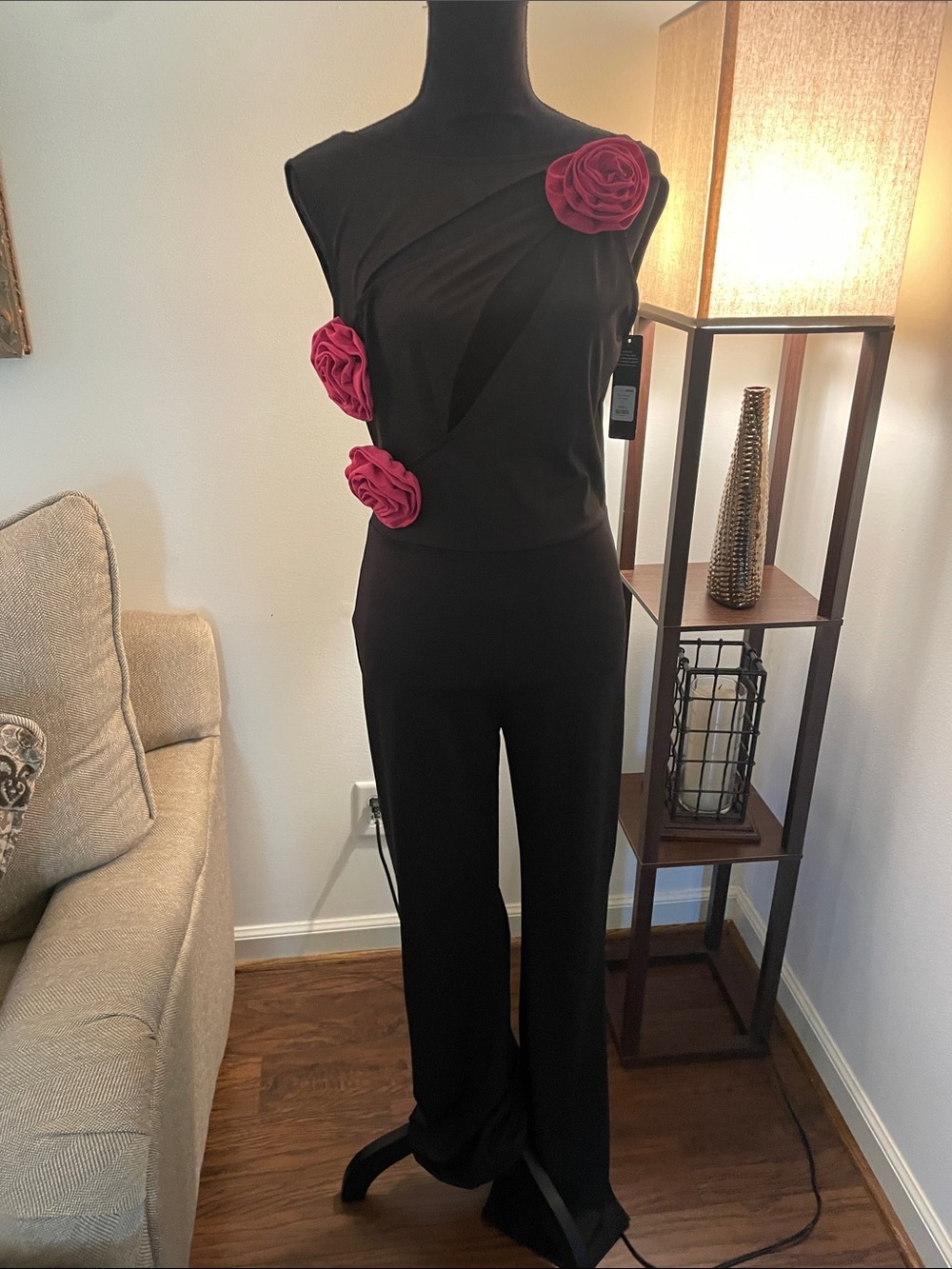 Fashion Nova Black Jumpsuit with Pink Rosette Details